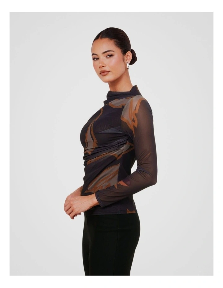 Mae Gathered Printed Mesh Top in Multi image 3