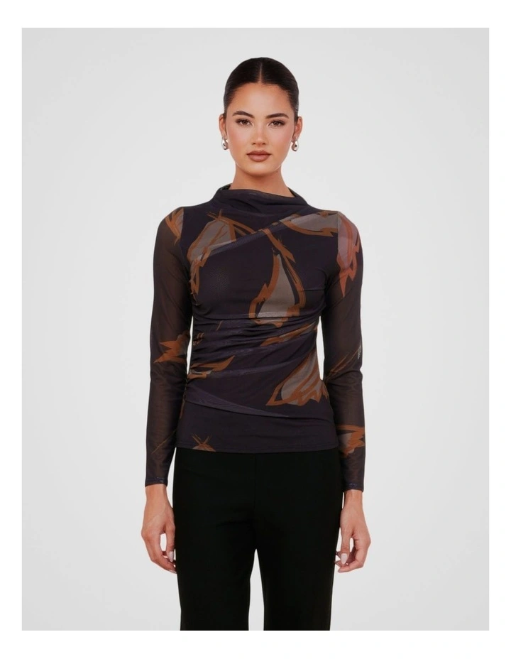 Mae Gathered Printed Mesh Top in Multi image 4