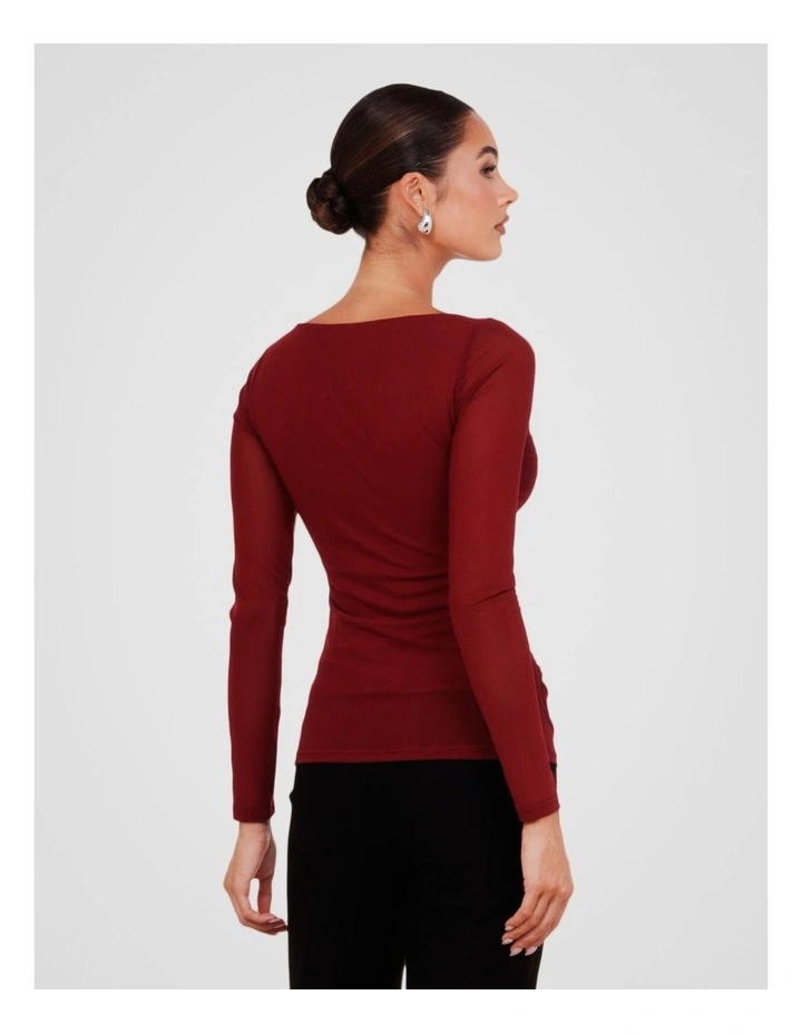 Winnie Boat Neck Mesh Top in Burgundy image 2