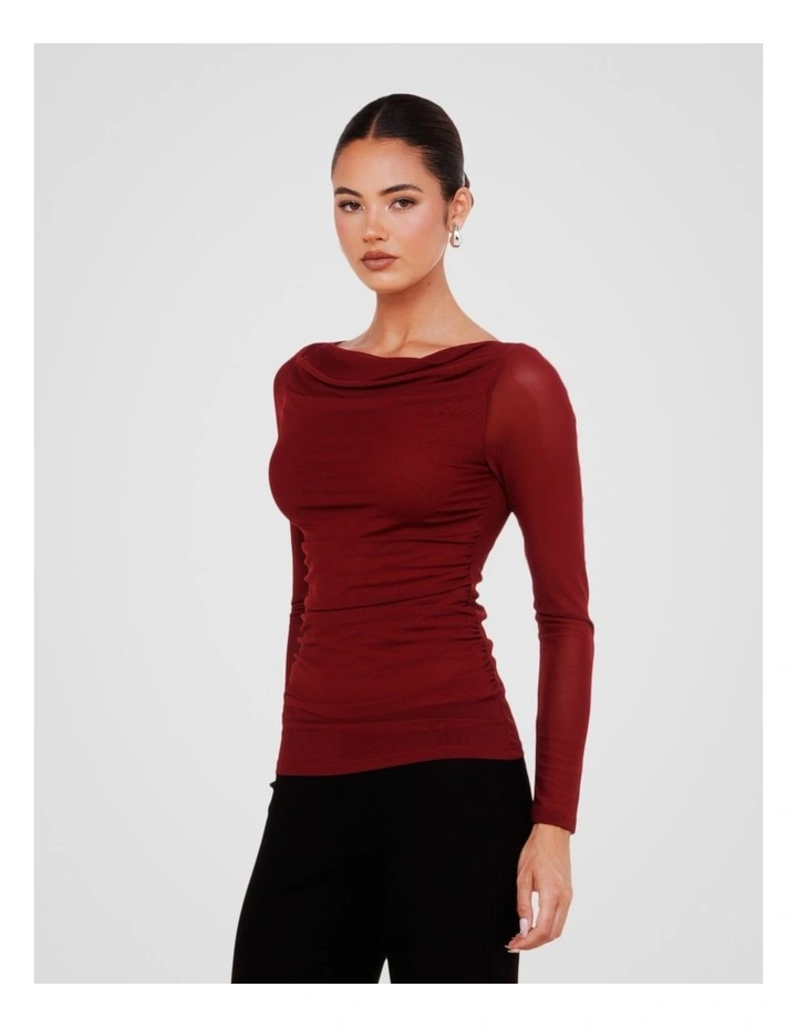 Winnie Boat Neck Mesh Top in Burgundy image 3