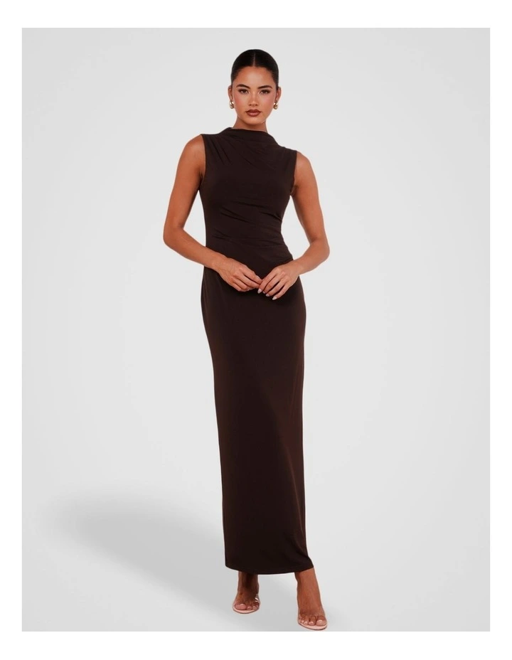 Zaylee High Collar Maxi Dress in Brown image 1