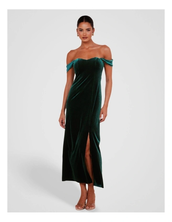 Off Shoulder Velvet Gown in Olive image 1