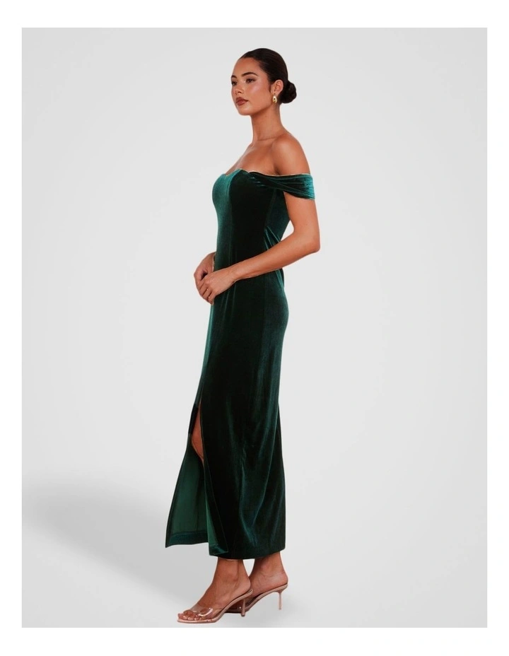 Off Shoulder Velvet Gown in Olive image 3
