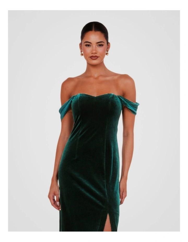 Off Shoulder Velvet Gown in Olive image 4
