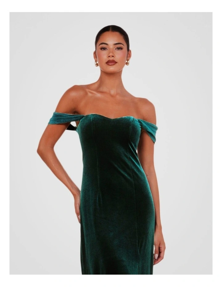 Off Shoulder Velvet Gown in Olive image 5