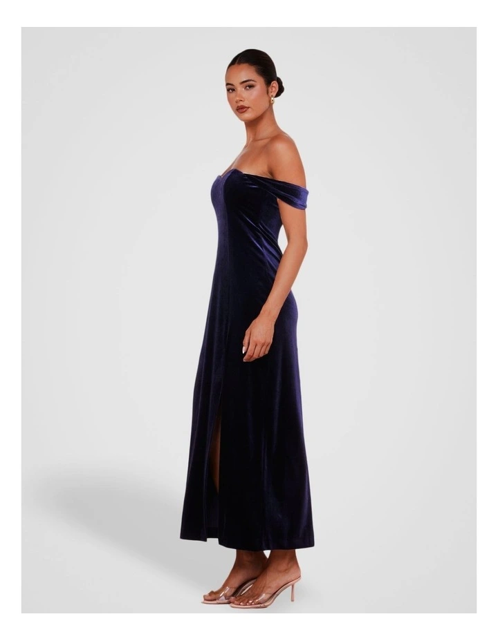 Olive Off Shoulder Velvet Gown in Navy image 3