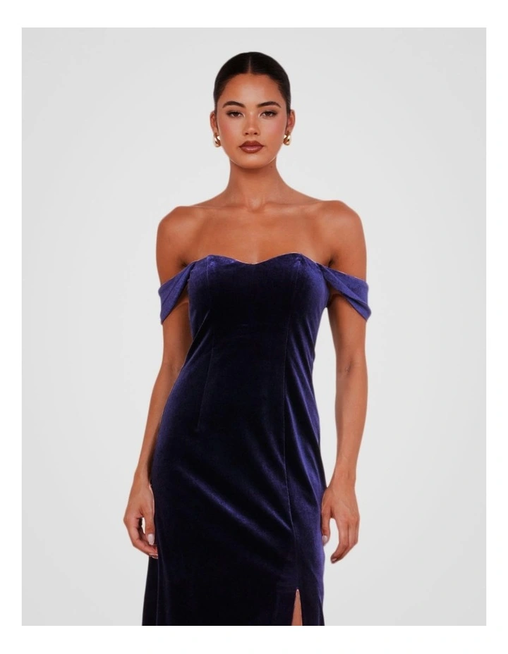 Olive Off Shoulder Velvet Gown in Navy image 4