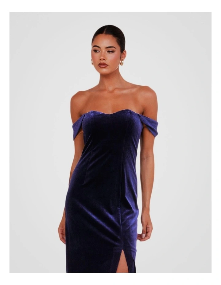 Olive Off Shoulder Velvet Gown in Navy image 5