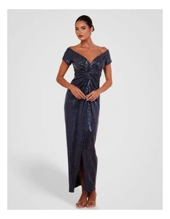 Raven Off Shoulder Twist Gown in Navy