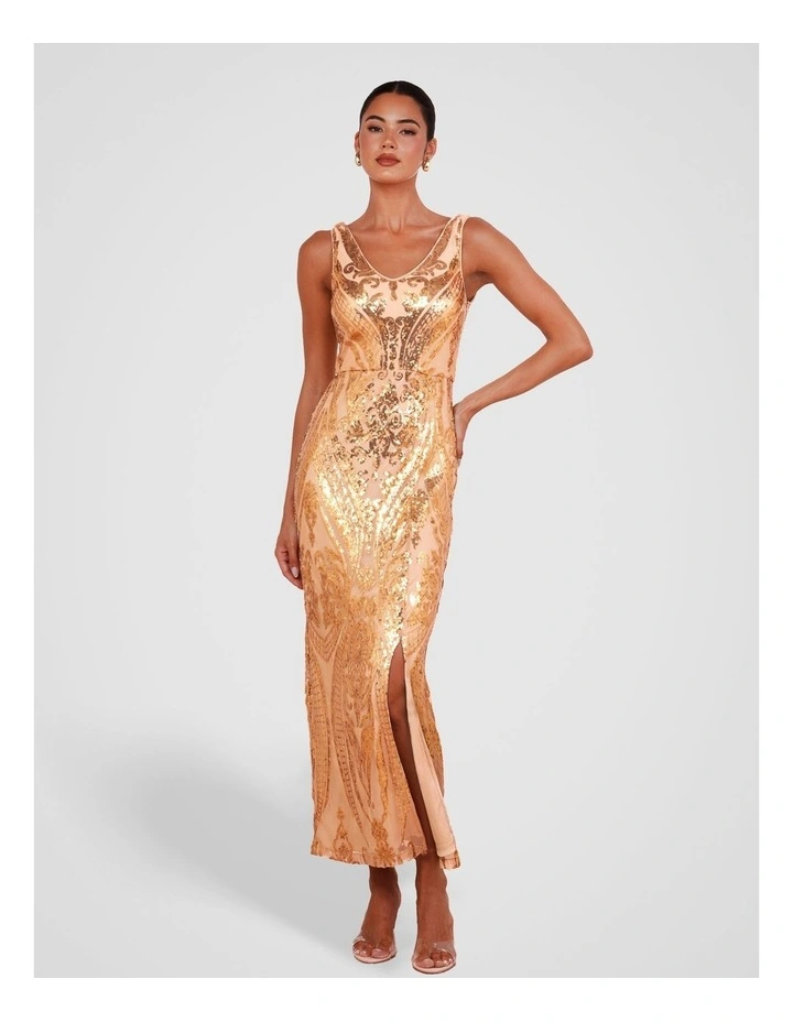 Jordana V-neck Sequin Dress in Gold image 1