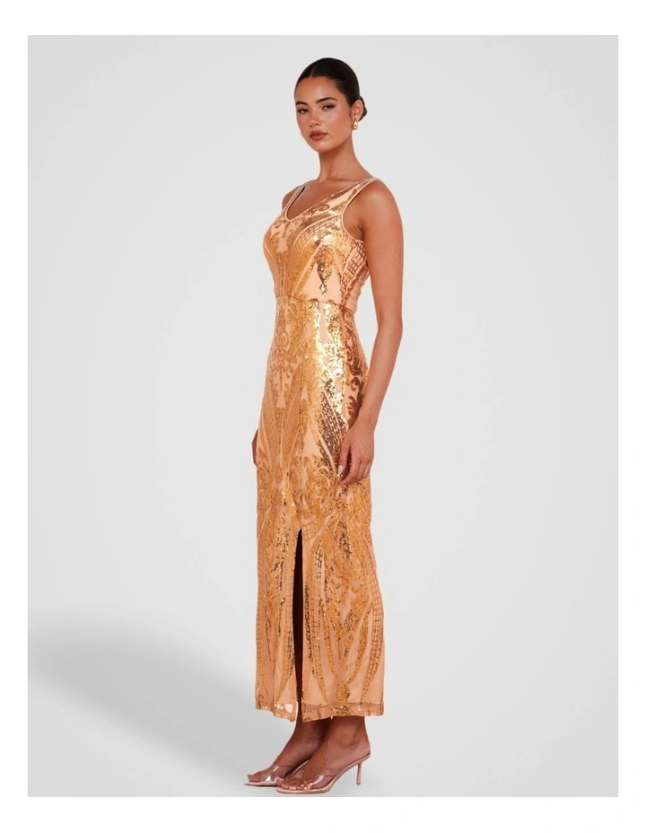 Jordana V-neck Sequin Dress in Gold image 3