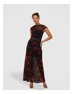 Yasma Gathered Mesh Maxi Dress in Red and Black Abstract Print