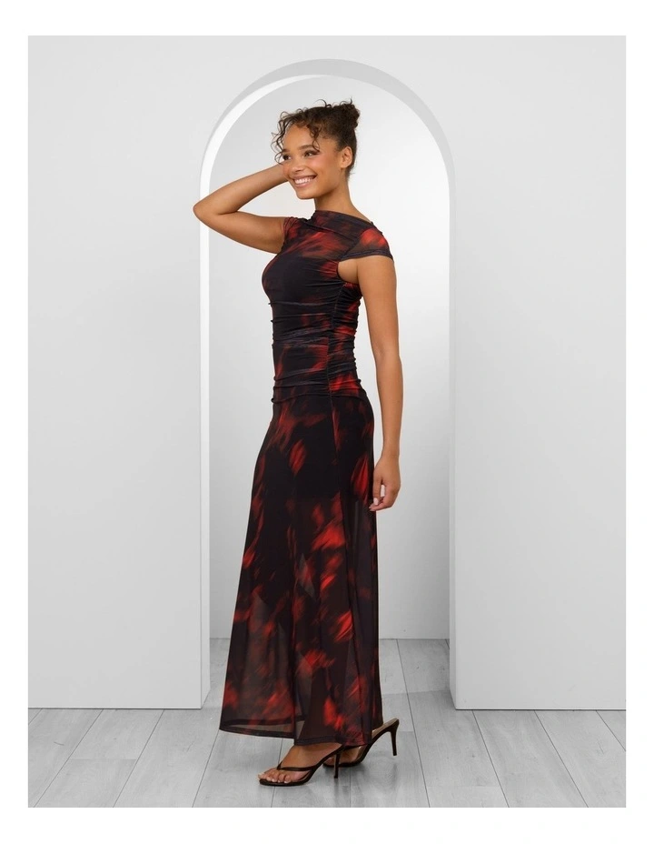 Yasma Gathered Mesh Maxi Dress in Red and Black Abstract Print image 2