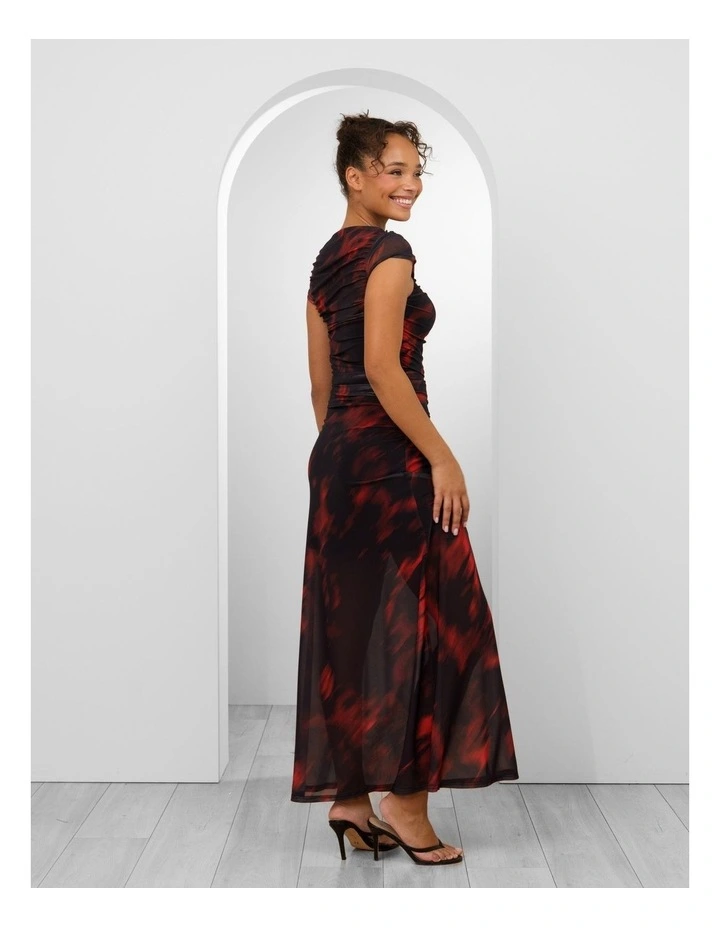 Yasma Gathered Mesh Maxi Dress in Red and Black Abstract Print image 3