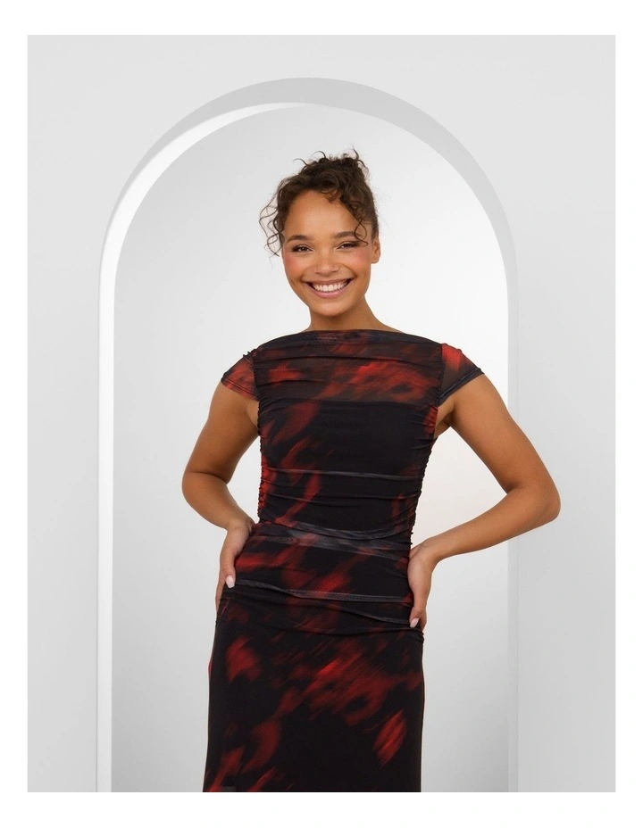 Yasma Gathered Mesh Maxi Dress in Red and Black Abstract Print image 5