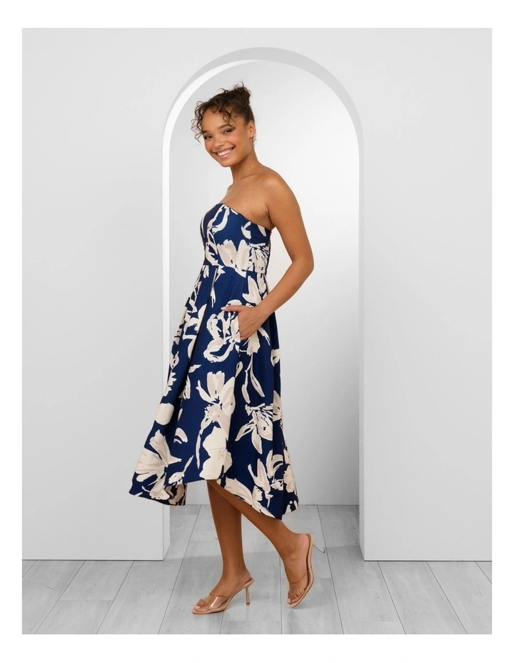 Cortez Strapless A-Line Dress in Navy and White Abstract Print image 2