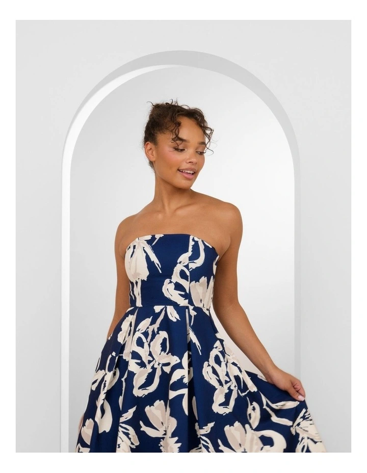 Cortez Strapless A-Line Dress in Navy and White Abstract Print image 4