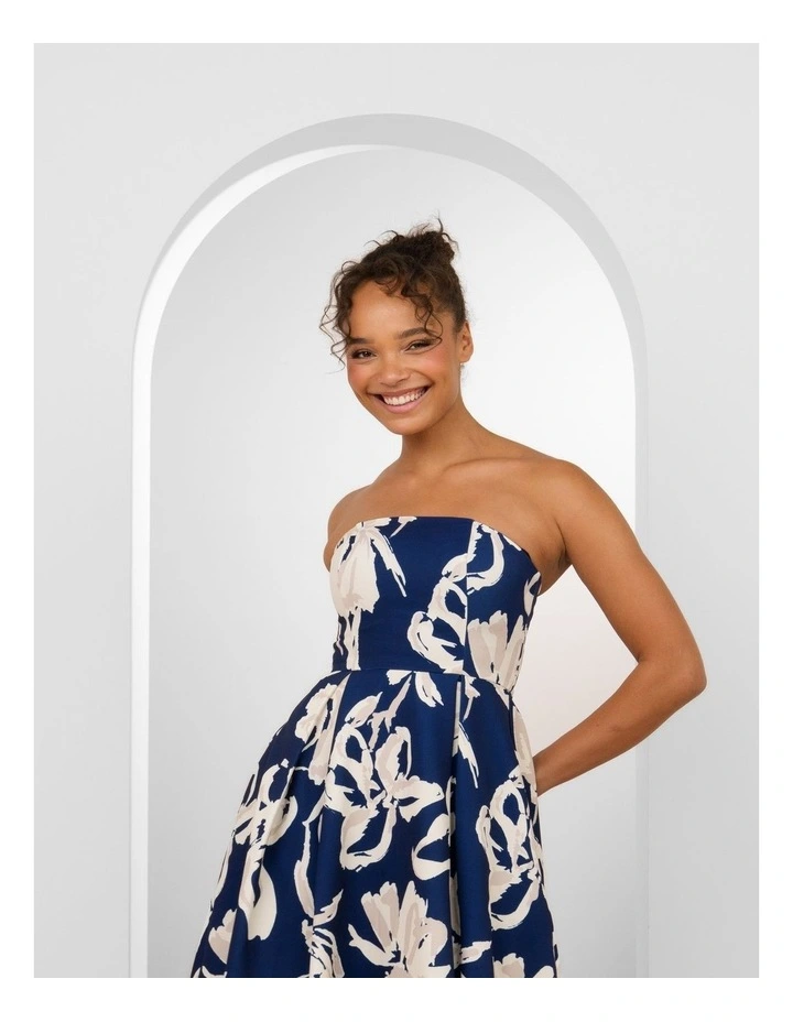 Cortez Strapless A-Line Dress in Navy and White Abstract Print image 5