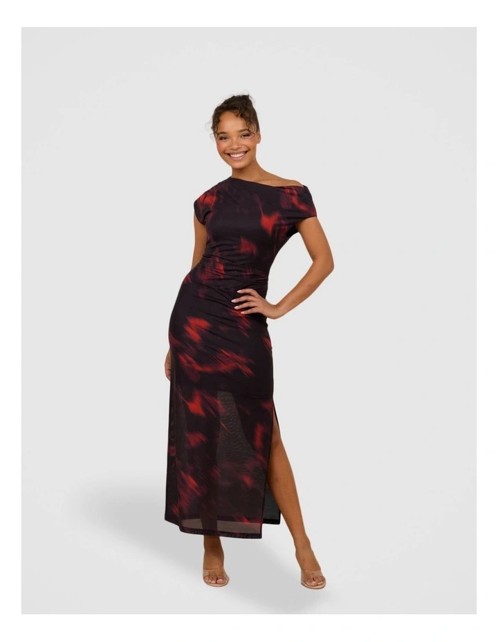 Peggy Off Shoulder Maxi in Black and Red Abstract Print image 1