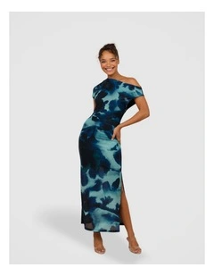 Ida Off Shoulder Mesh Maxi in Teal and Black Abstract Print