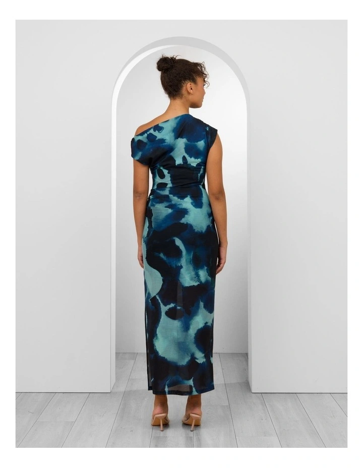 Ida Off Shoulder Mesh Maxi in Teal and Black Abstract Print image 2