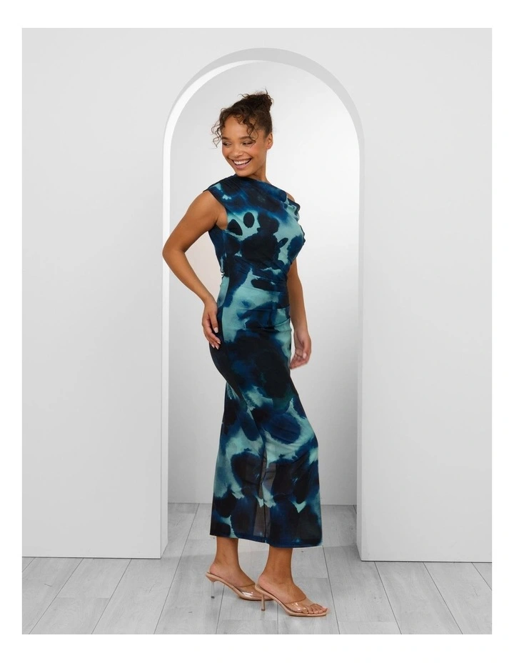 Ida Off Shoulder Mesh Maxi in Teal and Black Abstract Print image 3