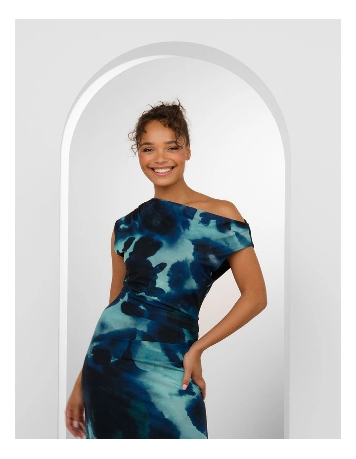 Ida Off Shoulder Mesh Maxi in Teal and Black Abstract Print image 4