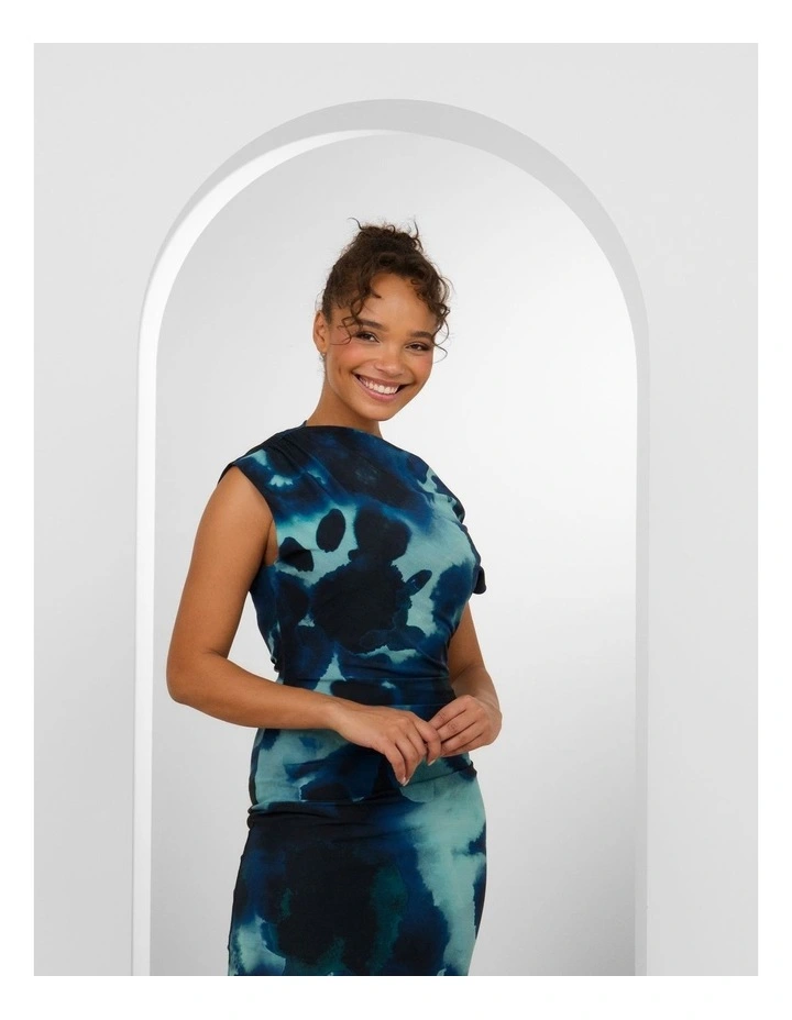 Ida Off Shoulder Mesh Maxi in Teal and Black Abstract Print image 5