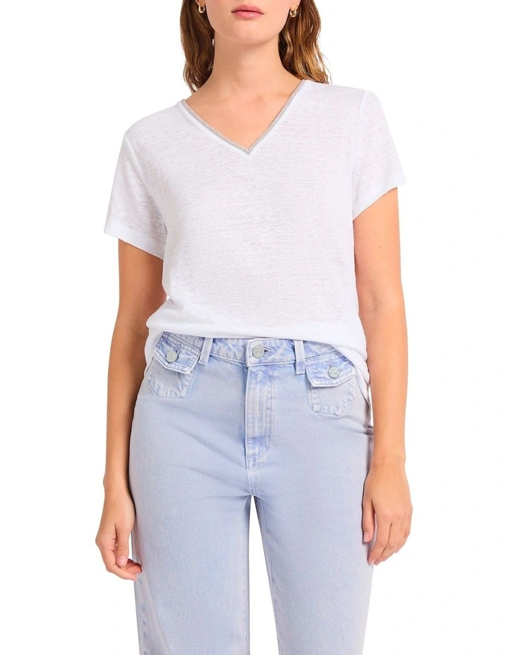 Sam V-neck Linen Tee in White image 2