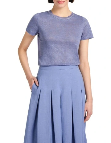 Kat Linen Crew Neck Tee in Denim Blue