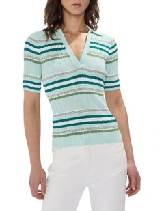 The Lost Line Knit Polo in Green Stripe