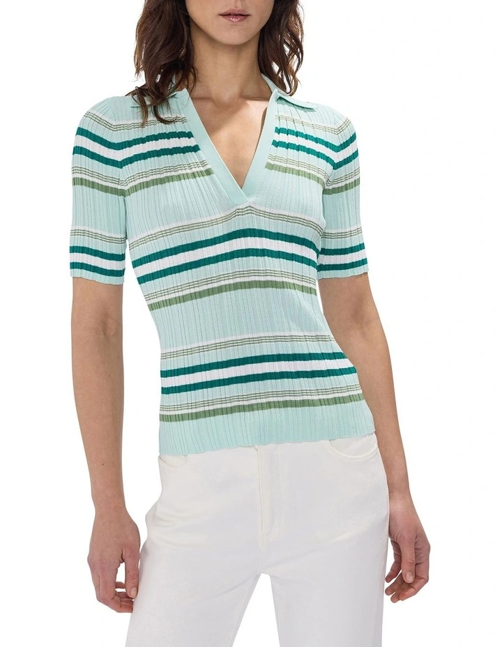 The Lost Line Knit Polo in Green Stripe image 1