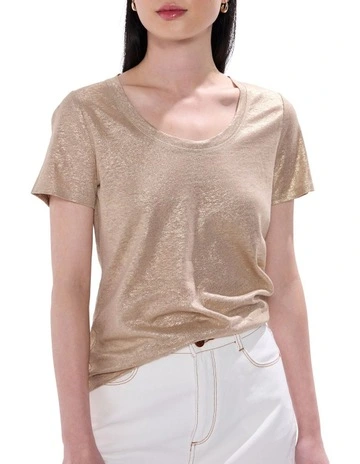 Bejeweled Foil Scoop Neck Tee in Gold