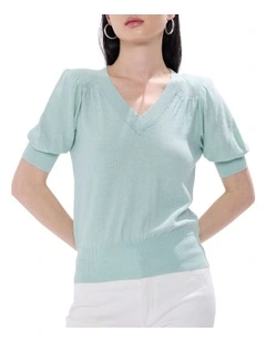 Bianca V Neck Shimmer Knit in Misty Jade