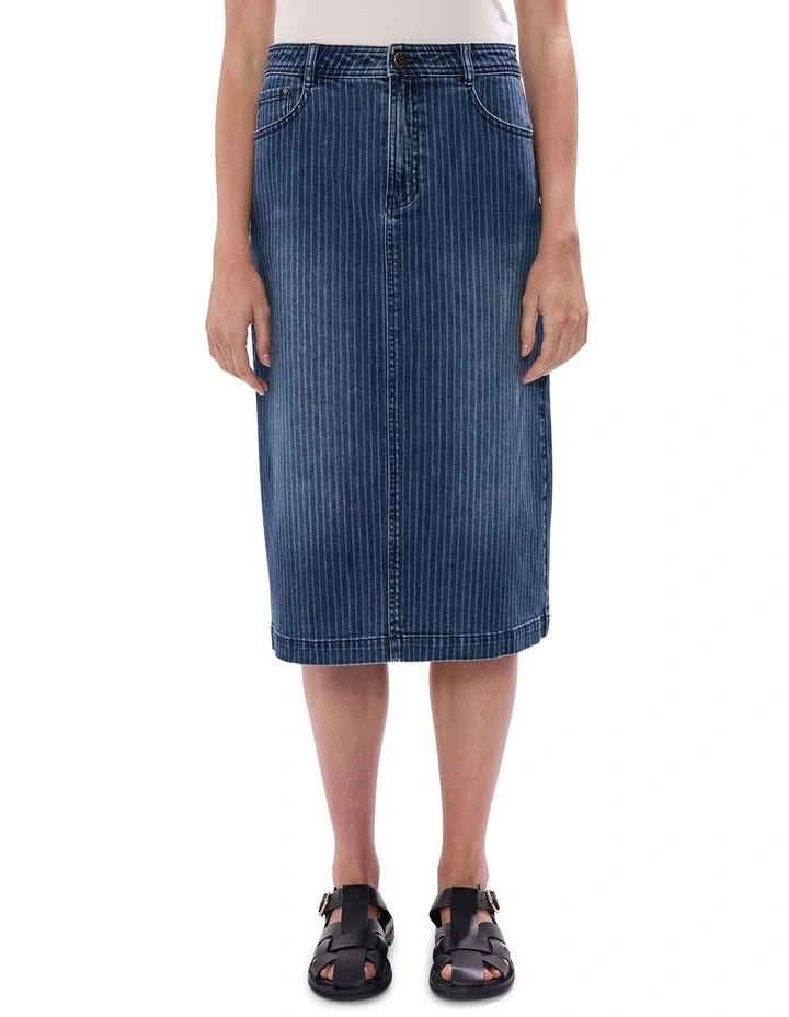 Molly Pinstripe Denim Skirt in Blue Stripe image 2