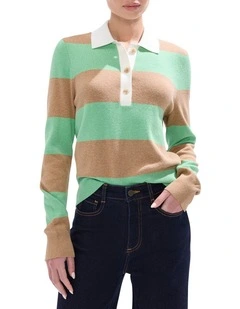 Steve Knit Polo in Green Stripe