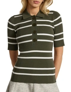 Leila Stripe Knit Polo in Dark Khaki