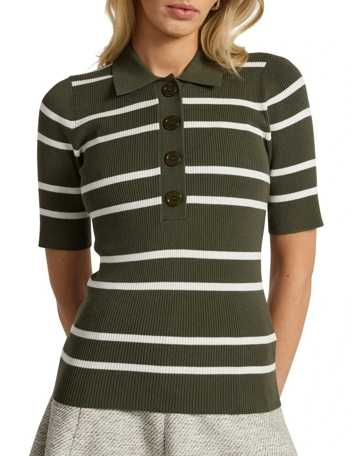 Leila Stripe Knit Polo in Dark Khaki image 1