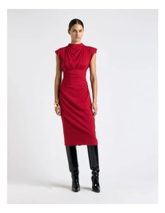 Stretch Viscose Ruched Waist Midi Dress in Pink