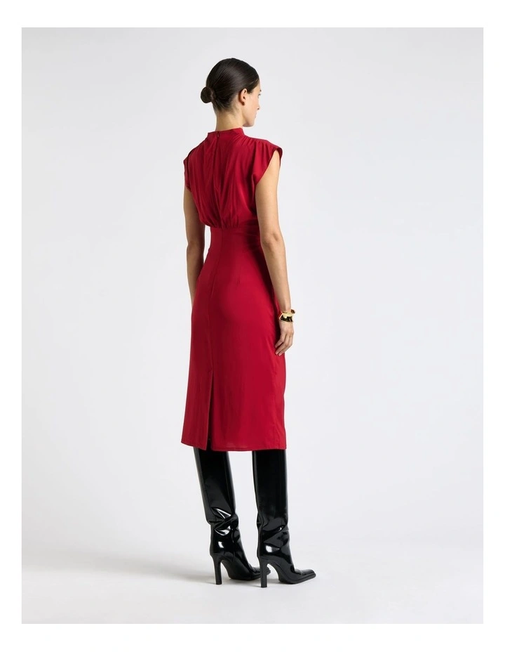 Stretch Viscose Ruched Waist Midi Dress in Pink image 2