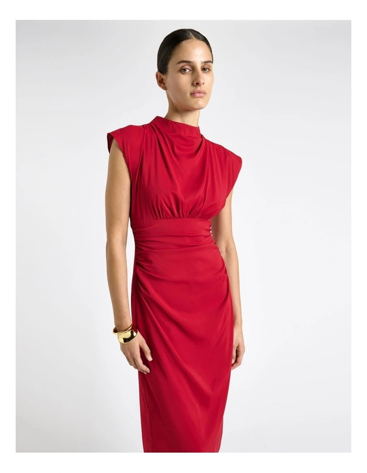 Stretch Viscose Ruched Waist Midi Dress in Pink image 3
