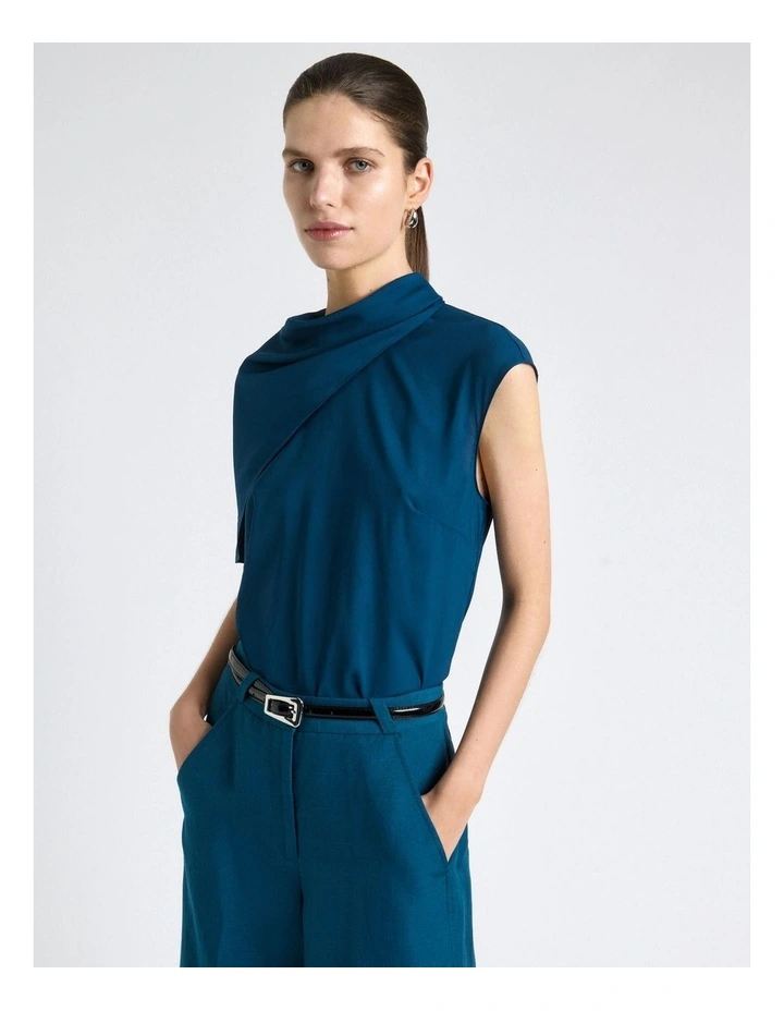 Stretch Viscose Scarf Tipped Sleeve Top in Blue image 3
