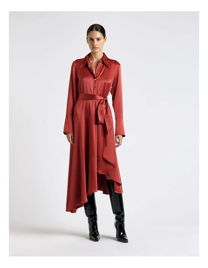 Viscose Blend Asymmetric Hem Midi Dress in Brown image 1