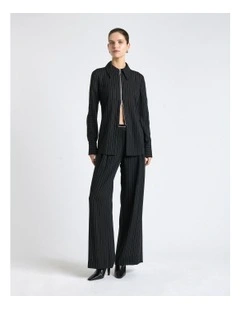 Zip Front Sheer Stripe Shirt in Black