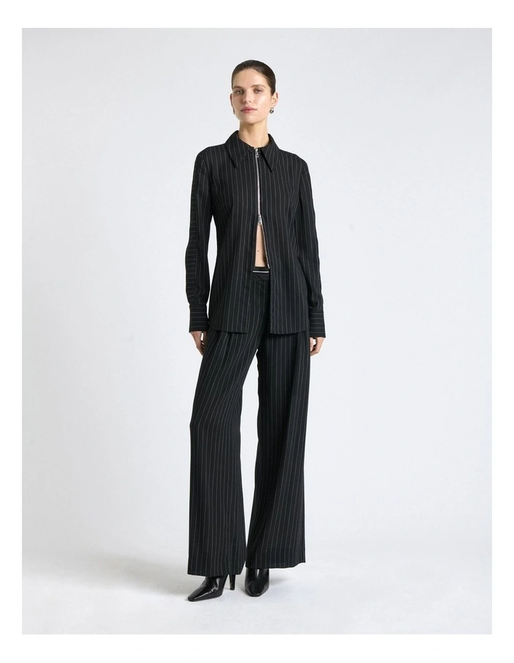Zip Front Sheer Stripe Shirt in Black image 1