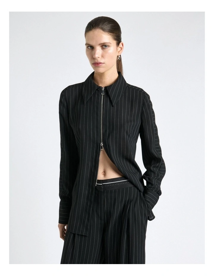 Zip Front Sheer Stripe Shirt in Black image 3