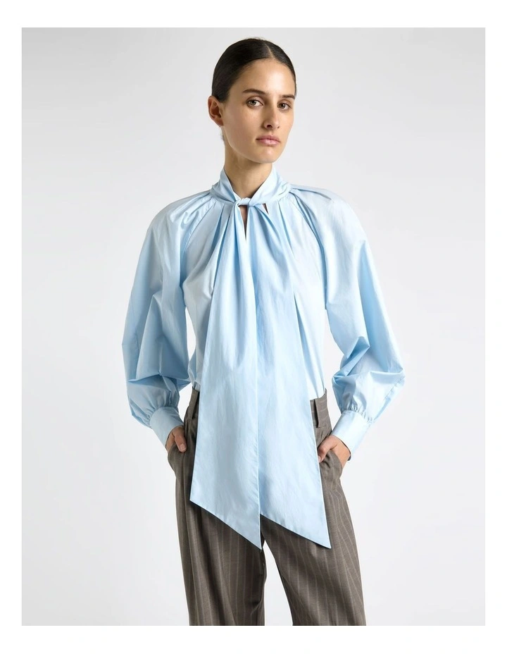 Good Earth Cotton Tie Neck Blouse in Sky image 3