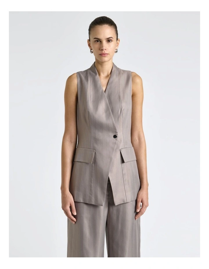 European Self Stripe Collarless Vest in Oyster image 3
