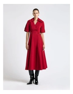 Good Earth Cotton Button Detail Midi Dress in Scarlet