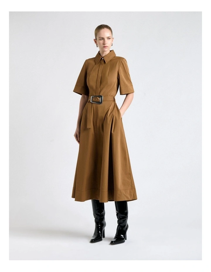 Stretch Cotton Flared Midi Dress in Biscuit image 1